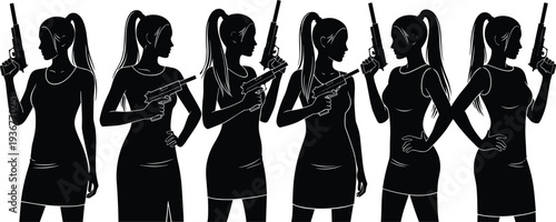 Female agent silhouettes holding pistols and rifles spy girl characters armed women security guard vector illustration isolated
