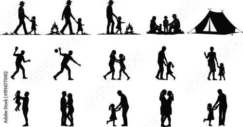 Family camping silhouettes set with father, mother, and child walking, playing ball, dancing, hugging, and tent outdoor summer vacation activities.