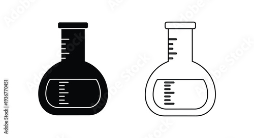 Set of 2 laboratory flask icons vector, one solid black and one outline, featuring measurement markings for science, chemistry, and research designs