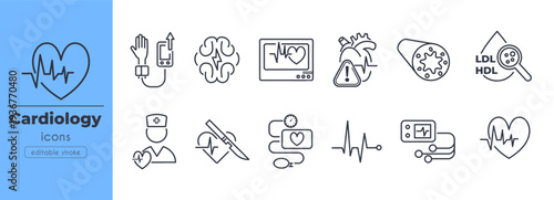 Hypertension line icon set. Heart monitor, brain stroke, blood pressure, cholesterol test, cardiac surgery, pulse rate, EKG simple vector illustrations. Outline signs for cardiology. Editable Stroke.