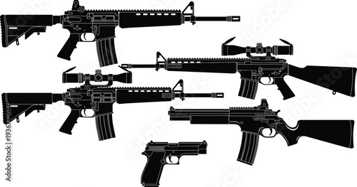 Black silhouette modern firearms collection including tactical rifles carbine shotgun and pistol isolated weapon set military security vector illustration
