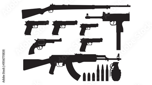 Assortment of black silhouette firearms including rifles, pistols, submachine guns, bullets, and a grenade on a white background.