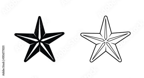 Set of 2 black and white star icons vector, one solid filled and one outlined, perfect for rating, favorite, or achievement UI design elements