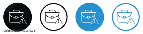 Business briefcase icon with an exclamation warning sign. Represents portfolio risk, job alerts, work errors, or urgent professional notifications. Clean flat design in black and blue variations.