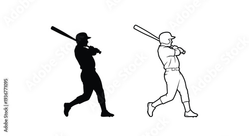 Baseball player swinging bat silhouettes Vector