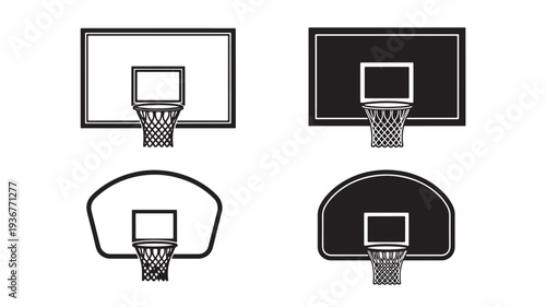 Basketball hoop icons with net and backboard in both solid black and outline styles for sports and recreation.
