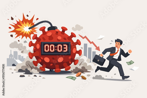 Businessman Running from Coronavirus Time Bomb Representing Financial Crisis and Global Economic Recession During COVID-19 Pandemic Outbreak with Stock Market Crash and Falling Money Concept
