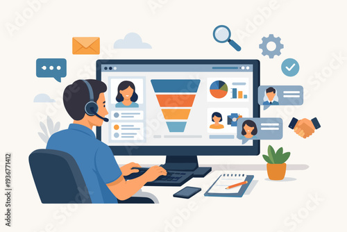 Customer relationship management CRM software concept with sales funnel and analytics. Support agent using computer for client communication, lead generation, digital marketing, and business.
