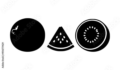 Watermelon fruit silhouette collection with whole melon wedge slice and half fruit black vector isolated