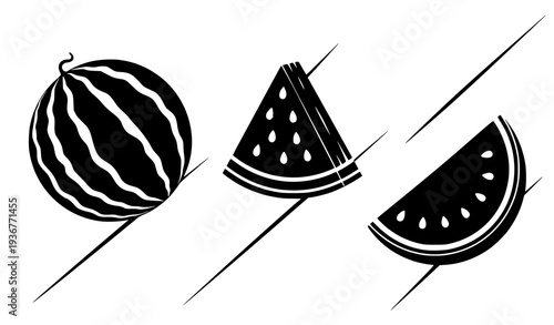 Black watermelon fruit silhouette icons with whole melon slice and cut piece vector isolated on white