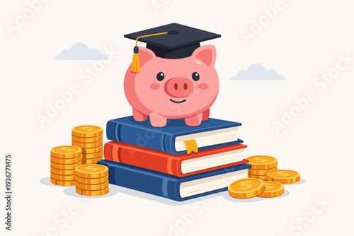 Education Fund Concept with a Cute Pink Piggy Bank Wearing a Graduation Cap Sitting on a Stack of Books Surrounded by Gold Coins for School, College, University Tuition, and Student Loan Savings.