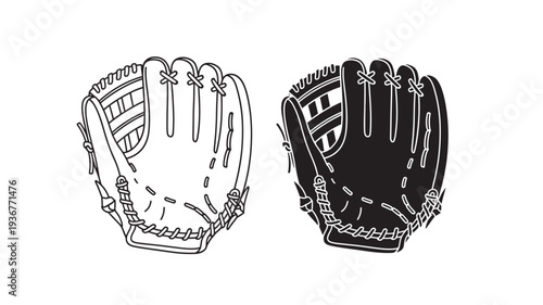 Baseball gloves in outline and silhouette styles, presented side by side for comparison and design. featuring softball glove, sports equipment,