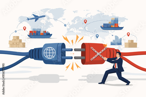 Global Trade War and Deglobalization Concept Illustration with Businessman Disconnecting Electric Plugs, Representing Economic Protectionism, Tariff Barriers, and Supply Chain Crisis on World Map.
