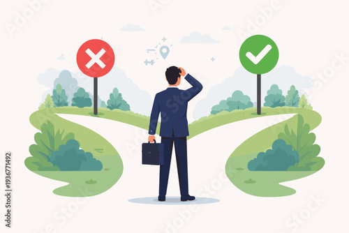Business man at a fork in the road deciding between right and wrong paths with checkmark and cross signs, concept of strategic decision making, problem solving, career choice and dilemma.