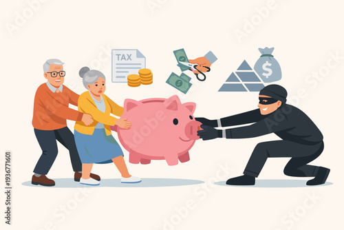 Senior Couple Protecting Retirement Savings Piggy Bank from Thief, Fraud, Ponzi Schemes, and High Taxes. Concept of Financial Security, Pension Protection, and Economic Threats for Retirees.