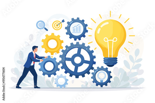 Businessman pushing gear mechanism to power a bright light bulb, representing project management, business innovation, strategic planning, research, and successful implementation of creative ideas