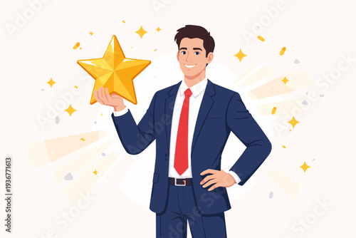Successful Businessman Holding Large Gold Star Award for High Performance and Achievement, Professional Leader Celebrating Career Excellence, Employee Recognition, Leadership, and Business Success