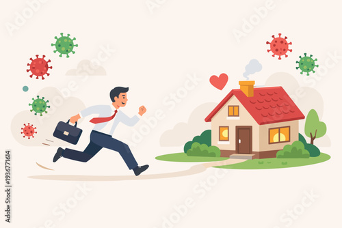 Businessman running home to stay safe from coronavirus outbreak. Social distancing concept illustration with man escaping virus particles to reach his house for protection and health safety.