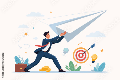 Businessman Launching a Giant Paper Airplane as a Symbol for Starting a New Business Startup, Entrepreneurship, Creativity, and Inspiration to Achieve Success, Goal, and Visionary Leadership.