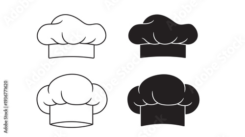 Chef hat icon set with outline and solid fill designs, symbolizing culinary professionals featuring toque blanche, kitchen, restaurant with baker and