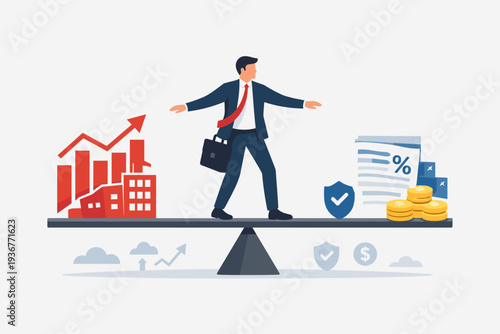 Businessman Balancing Stocks and Bonds on Seesaw for Investment Asset Allocation, Risk Assessment and Portfolio Management, Financial Strategy for Long Term Growth and Wealth Stability Concept