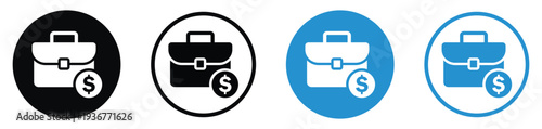 Business briefcase with a dollar coin symbol. Represents salary, investment portfolio, commercial profit, project budget, or financial services. Professional vector set in various colors.