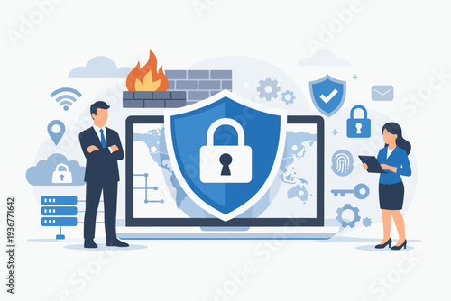 Virtual Private Network VPN Security Concept Illustration with Laptop Shield and Padlock for Data Protection Internet Privacy Firewall Encryption and Cyber Security for Business Professionals