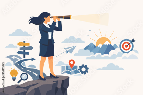 Businesswoman with Telescope Standing on Cliff Visualizing Future Success, Strategic Leadership, Visionary Planning, Goal Achievement, Career Growth, and Navigation through Business Challenges