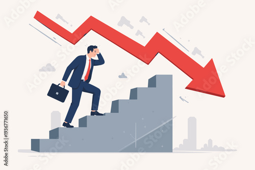 Stressed businessman climbing stairs under a falling red arrow, symbolizing economic recession, stock market crash, financial crisis, investment loss, and career failure in vector illustration.
