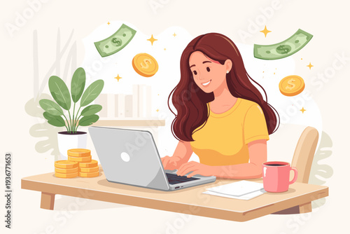 Happy young woman freelancer working on laptop at home office desk earning money online with floating cash and coins, remote work, digital nomad, online business owner, financial success vector