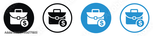 Business briefcase with a dollar coin symbol. Represents salary, investment portfolio, commercial profit, project budget, or financial services. Professional vector set in various colors.