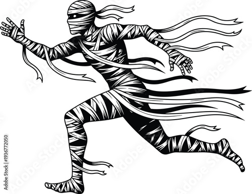 Ancient Egyptian Mummy Running with Unravelling Bandages in Woodcut Style Vector Illustration for Halloween Horror and Spooky Historical Theme Graphic Design