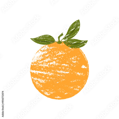 Orange fruit with leaves, grunge texture, crayon vector illustration.