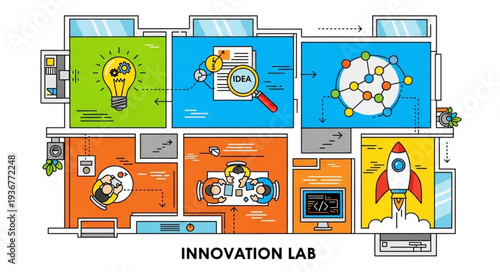 Creative Innovation Lab with Colorful Technology and Design Elements.