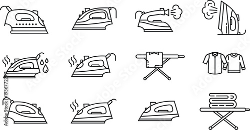 Black Vector Line Art Icon Set of Electric Steam Irons Ironing Boards and Folded Clothes for Domestic Housework and Laundry