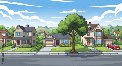 Suburban Residential Neighborhood with Trees and Houses.