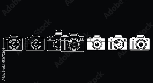 Set of Camera Vector Line Icons and Silhouettes for Photography Studio Equipment Professional Media Production Freelance Photographer Portfolio and Creative Digital Content Design