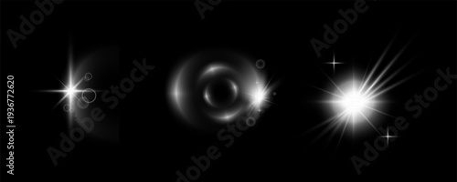 Bright Lens Flare Collection with Glow Rings, Star Light and Soft Bokeh Effects on Dark Background