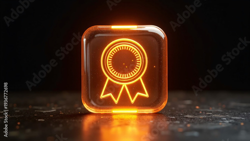 A bright orange neon award ribbon glows inside a transparent rounded square, casting warm reflections across the dark surface as its circular medallion and ribbon tails form a sleek, modern symbol of 