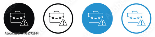 Business briefcase icon with an exclamation warning sign. Represents portfolio risk, job alerts, work errors, or urgent professional notifications. Clean flat design in black and blue variations.