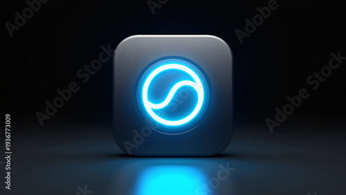 A glowing blue symbol rests inside a rounded square, its smooth curves shining softly as cool light spreads across the dark background with a calm, futuristic sense of balance.
