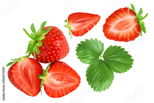 Strawberry half isolated on white background. Fresh berry with depth of field. Top view. Flat lay.