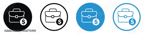 Business briefcase with a dollar coin symbol. Represents salary, investment portfolio, commercial profit, project budget, or financial services. Professional vector set in various colors.