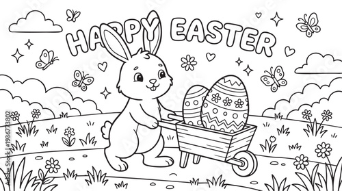Easter Bunny Pulling Cart Filled with Decorated Eggs Coloring Page
