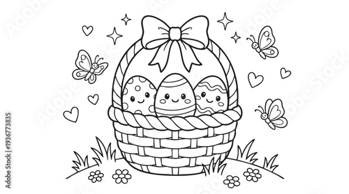 Easter Basket with Three Smiling Eggs and Cute Butterflies on Grass