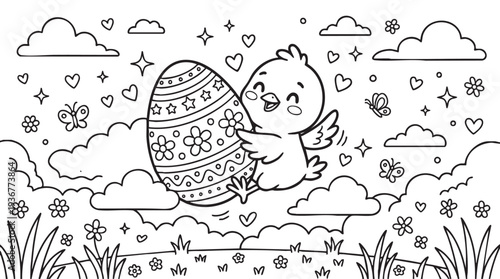 Easter Baby Chick Flying with Decorated Egg