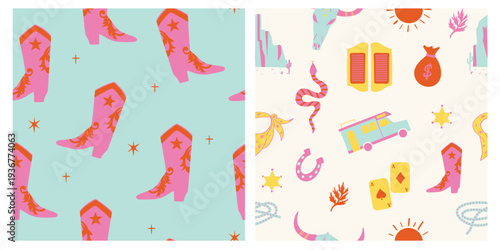 Cowboy southwestern inspired vibrant seamless pattern design for fabric, wallpaper, wrapping paper,  background and banners.