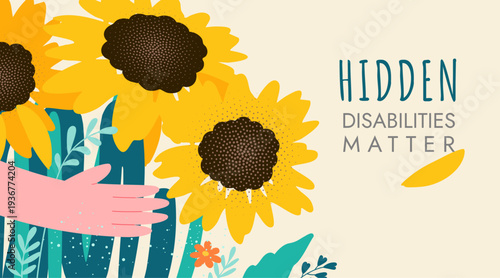 Sunflower symbol Hidden disabilities awareness and inclusive support concept  horizontal banner, template, copy space, vector illustration