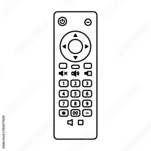 TV remote control isolated on white background. Minimal electronic device for television navigation, channel selection, and volume control. Simple monochrome technology illustration.