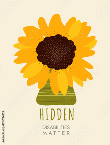 Modern minimal vector illustration with sunflower symbol of hidden or invisible disabilities social media templates, awareness poster, square, vector illustration